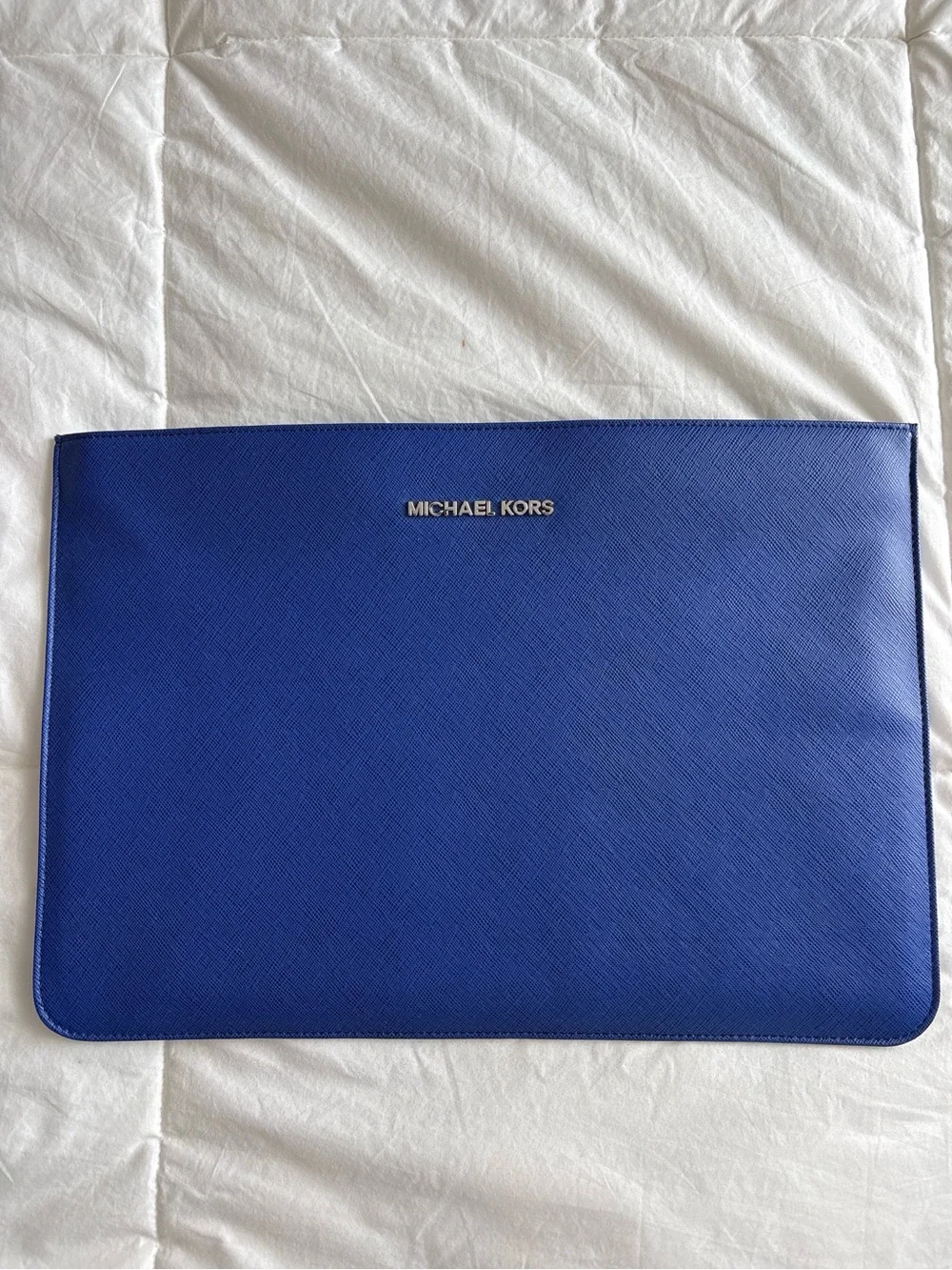 Michael Kors Cobalt Blue Leather Laptop Sleeve with Gold Logo